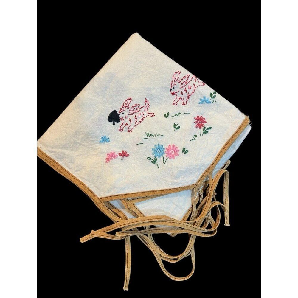 Vintage Dog Embroidered Card Table Cover Tablecloth Bridge Tie Corners Suits